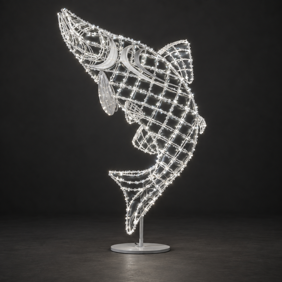 Fish Sculpture — illuminated sculpture with beaded mini lights, dark studio view