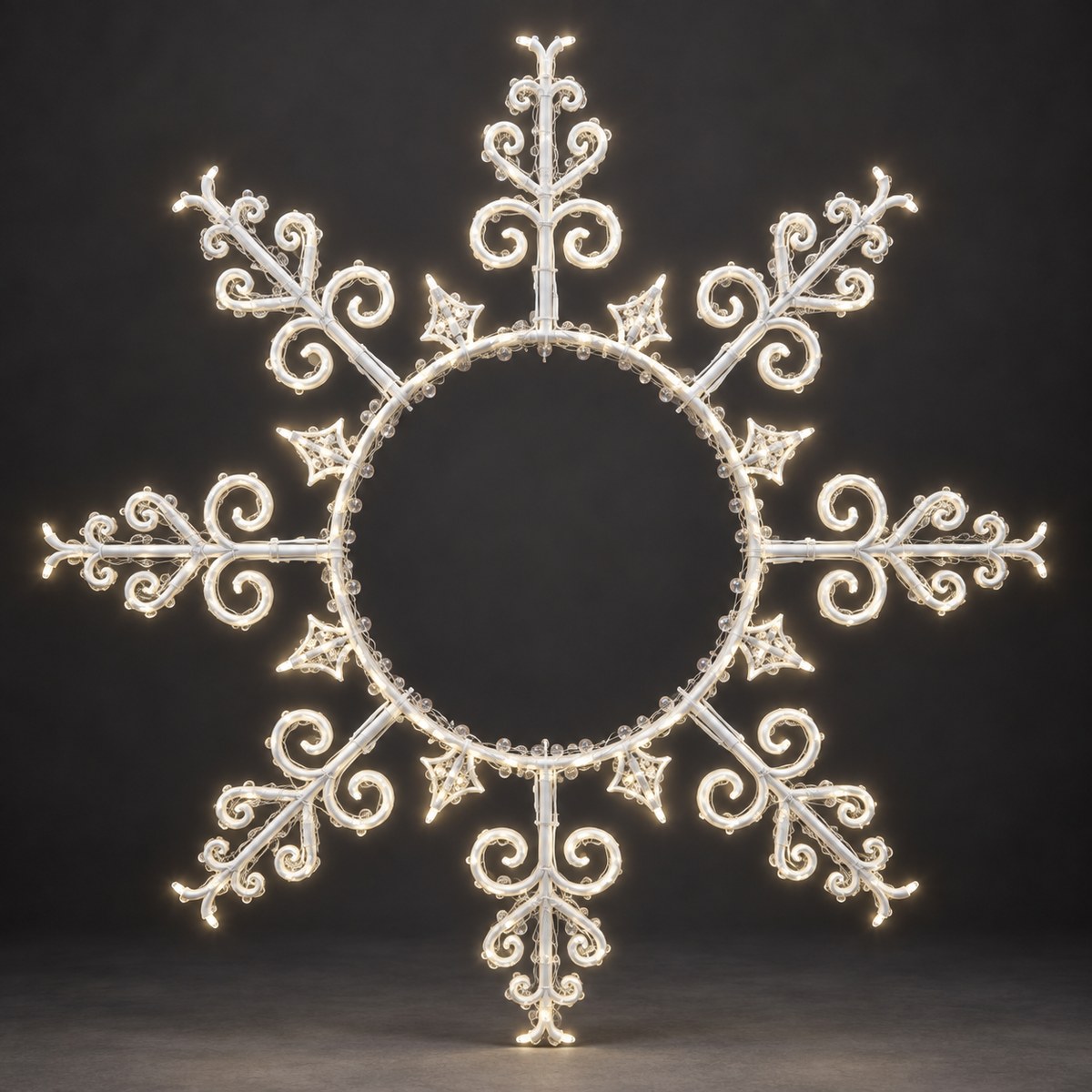 Halo Snowflake Polemount — illuminated sculpture with beaded mini lights, dark studio view