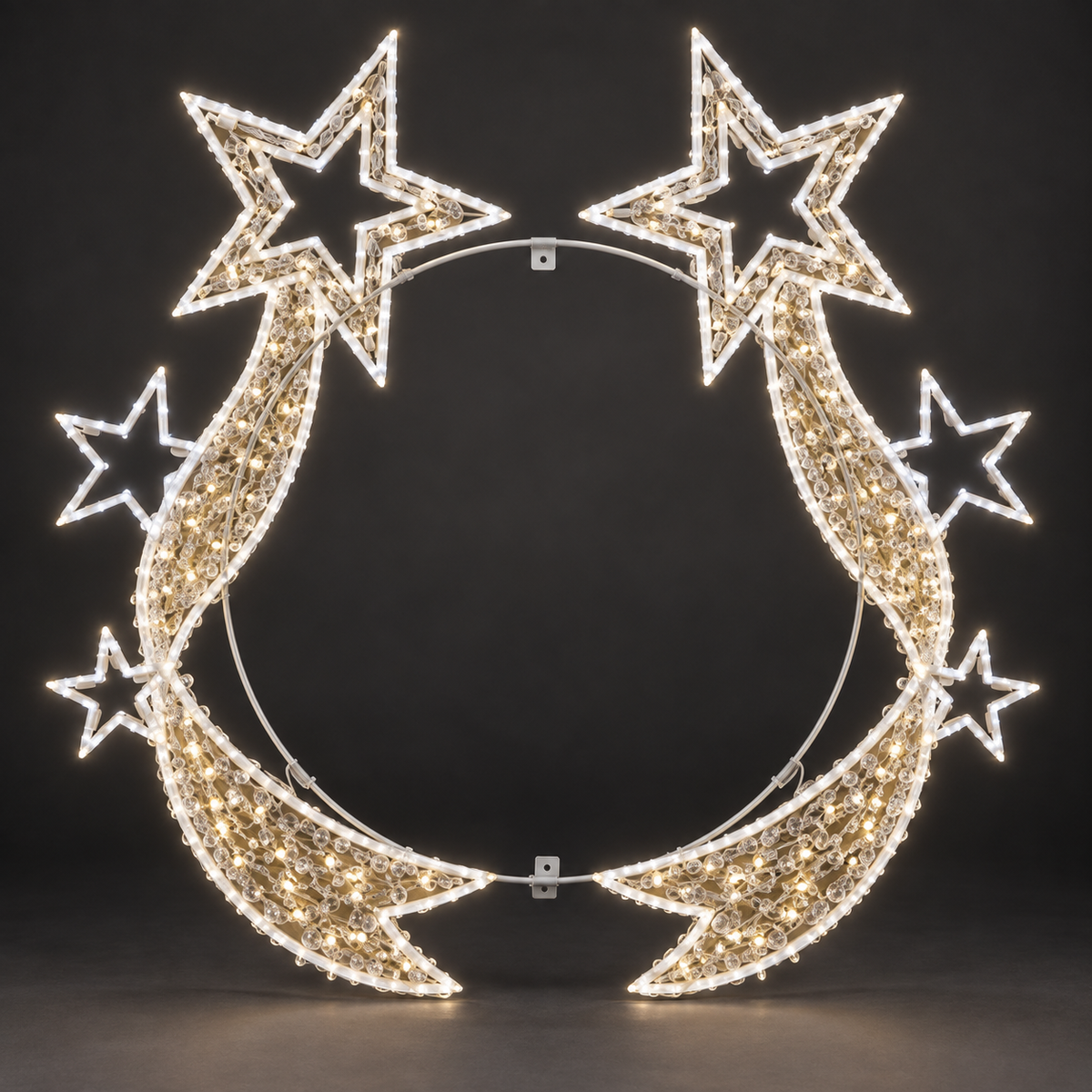 Halo Twin Stars Polemount — illuminated sculpture with beaded mini lights, dark studio view