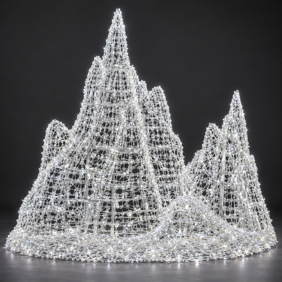 Iceberg Sculpture — illuminated sculpture with beaded mini lights, dark studio view
