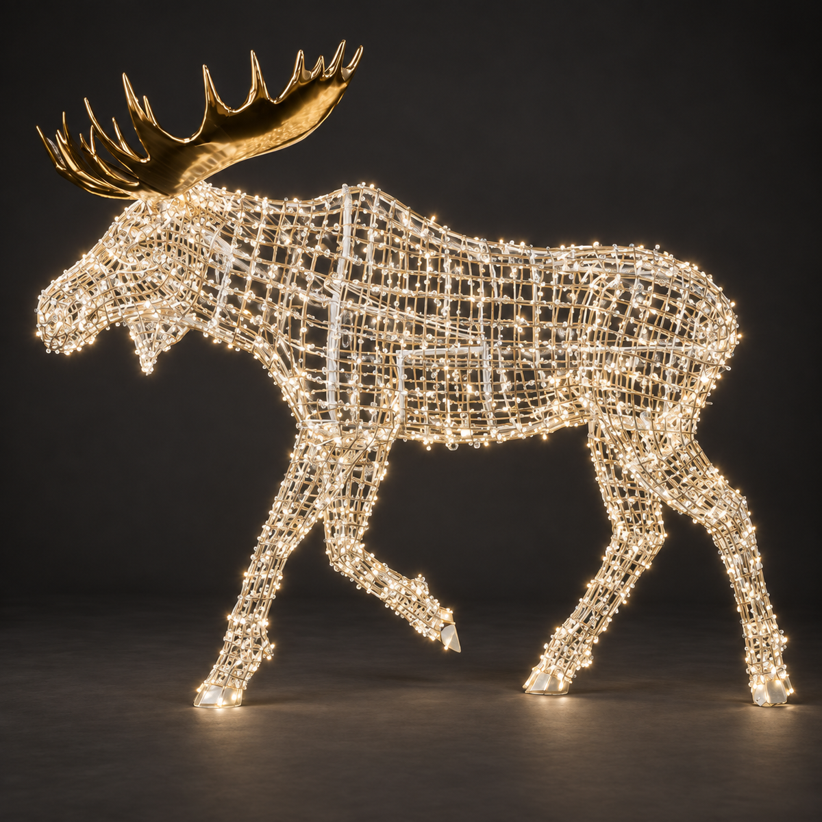 Moose Sculpture — illuminated sculpture with beaded mini lights, dark studio view