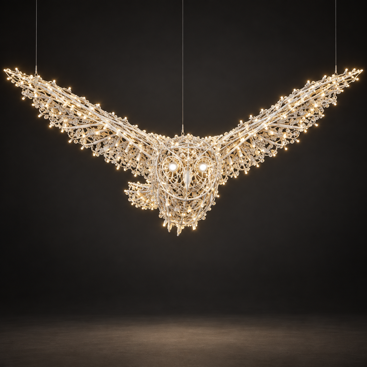 Owl Sculpture — illuminated sculpture with beaded mini lights, dark studio view