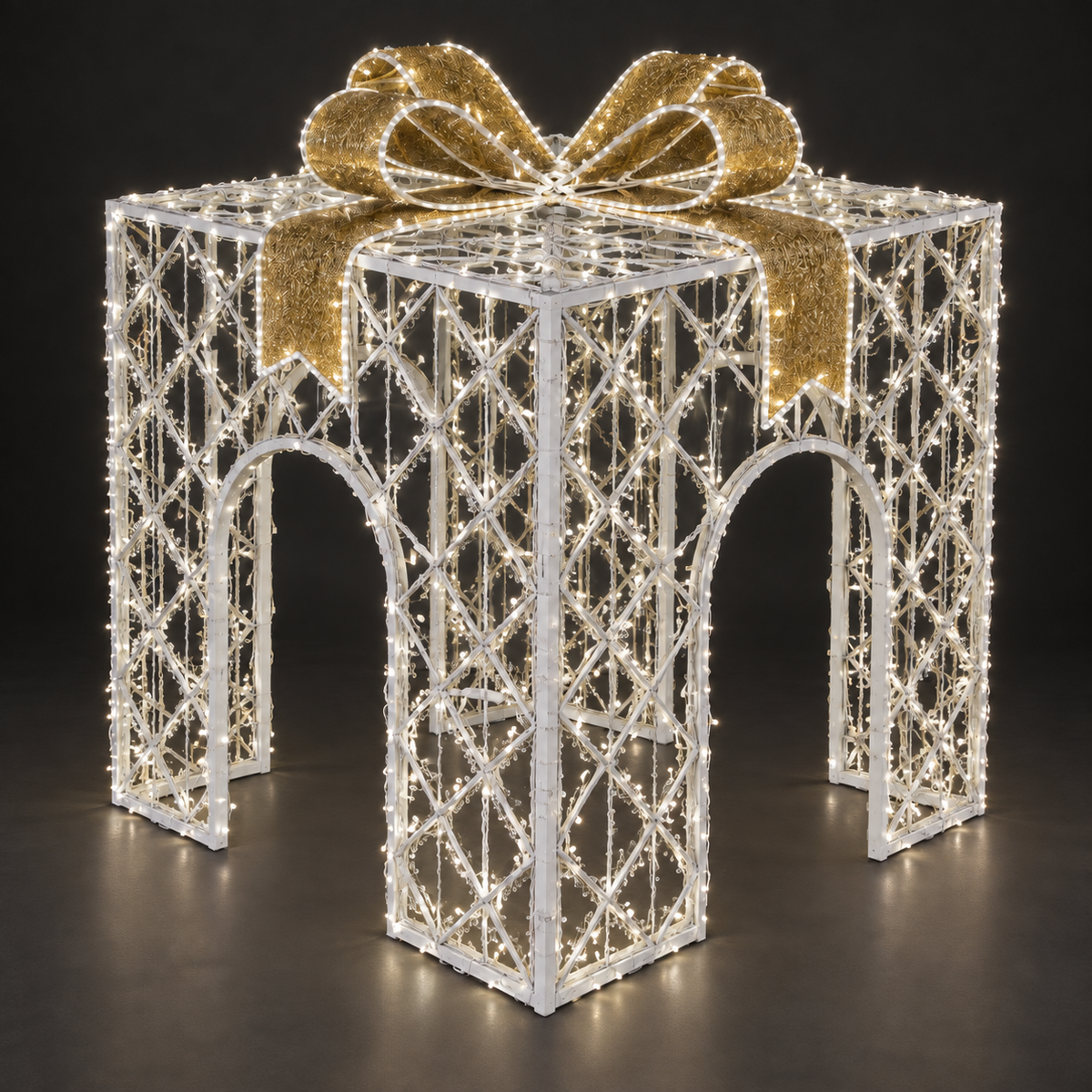 Present Sculpture — illuminated sculpture with beaded mini lights, dark studio view