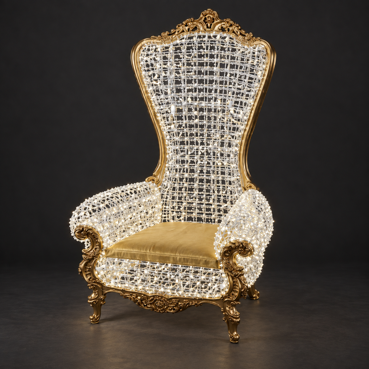 Santa’s Chair Sculpture — illuminated sculpture with beaded mini lights, dark studio view