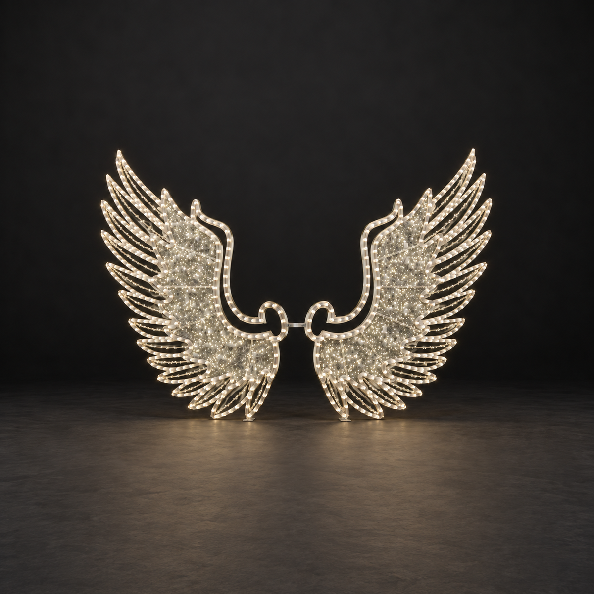 Angel Wing Photo Station — illuminated sculpture with beaded mini lights, dark studio view