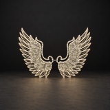 Angel Wing Photo Station — illuminated sculpture with beaded mini lights, dark studio view
