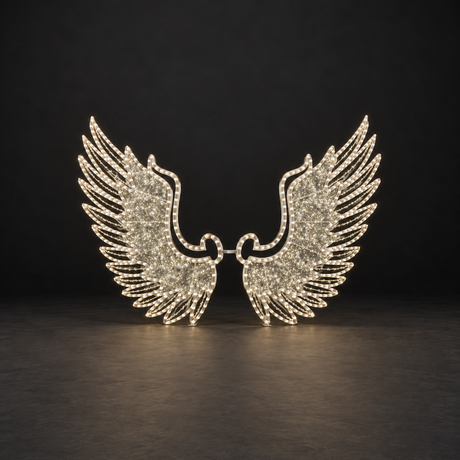 Angel Wing Photo Station — illuminated sculpture with beaded mini lights, dark studio view