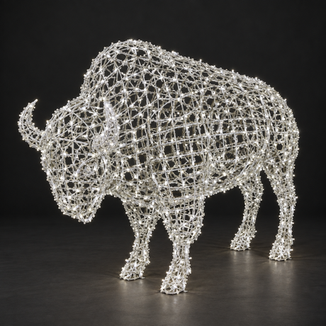 Bison Sculpture — illuminated sculpture with beaded mini lights, dark studio view
