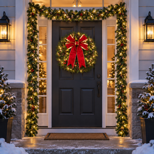 Christmas Entryway Bundle installed-result example showing one lit wreath, two matching 9-ft garlands, and one red-and-gold bow