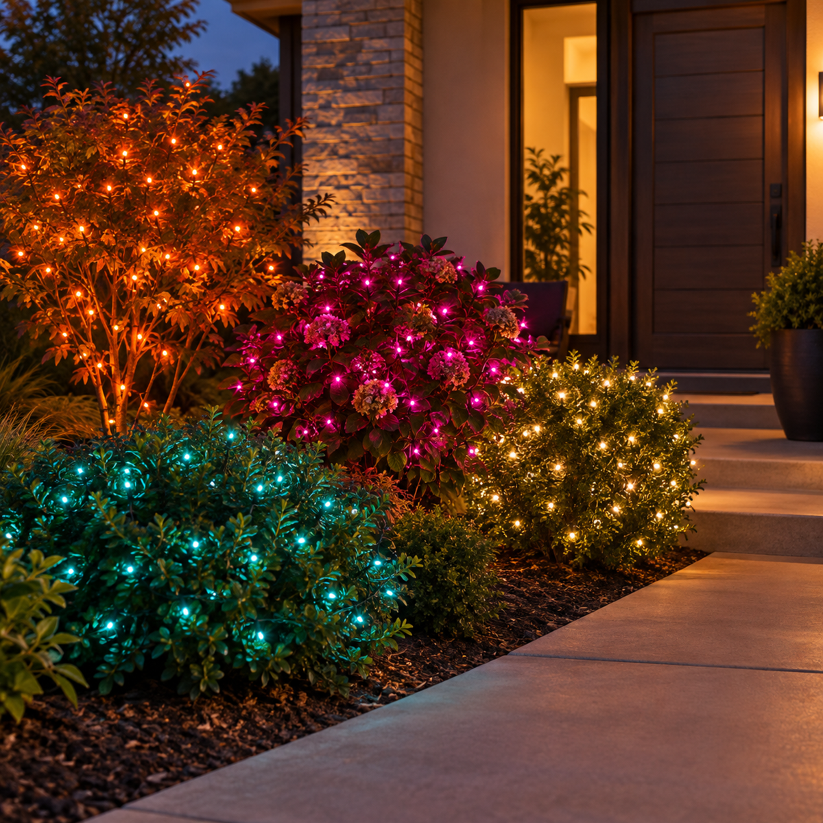 Diwali Jewel Glow Bundle installed-result example showing four 25-ft jewel-tone foliage zones