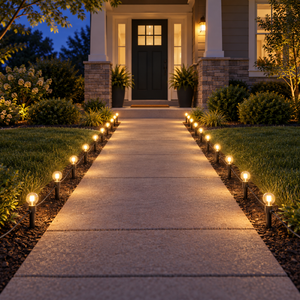 Pathway Glow Bundle installed-result example showing 25-light warm-white walkway