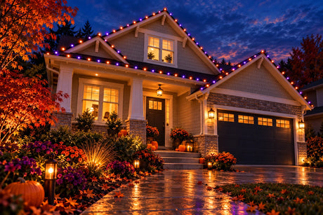 Halloween Roofline Bundle from a guest approach toward the glowing front porch