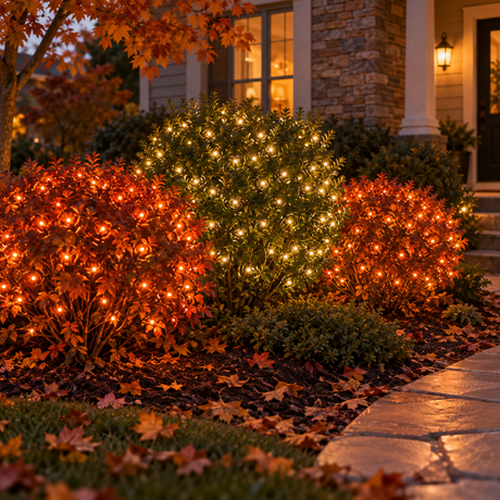 Thanksgiving Harvest Glow Bundle installed-result example showing three 25-ft foliage zones: two orange and one warm white
